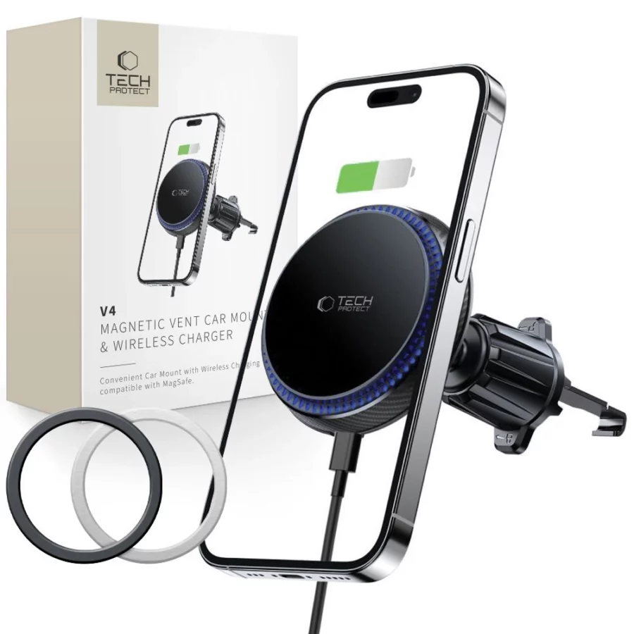 Uchwyt Tech-Protect MM15W-V4 samochodowy na telefon z ładowarką indukcyjną MagSafe 15W na kratkę nawiewu - czarna