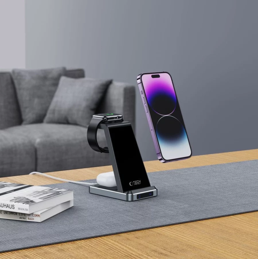 Ładowarka Tech-Protect QI15W-A26 indukcyjna 15W 3w1 na smartfon / słuchawki / Apple Watch - czarna