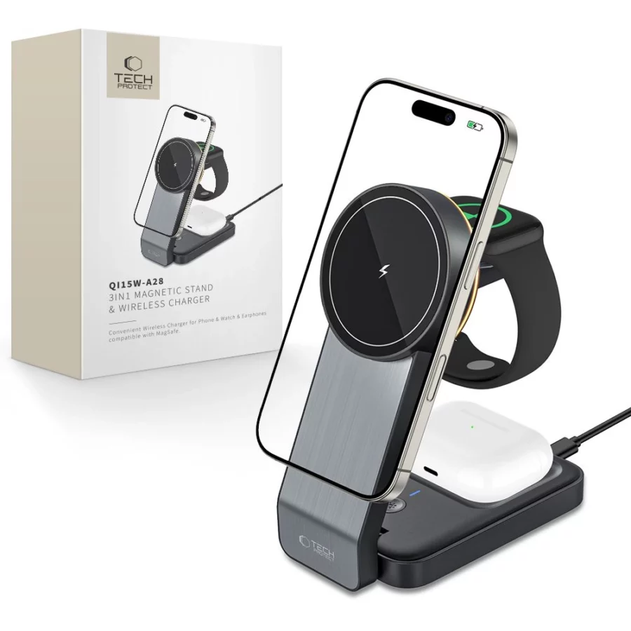 Ładowarka Tech-Protect QI15W-A28 indukcyjna MagSafe 3w1 ze stojakiem na smartfon / Apple Watch / AirPods - czarna
