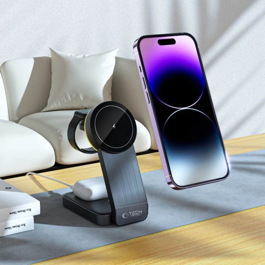 Ładowarka Tech-Protect QI15W-A28 indukcyjna MagSafe 3w1 ze stojakiem na smartfon / Apple Watch / AirPods - czarna