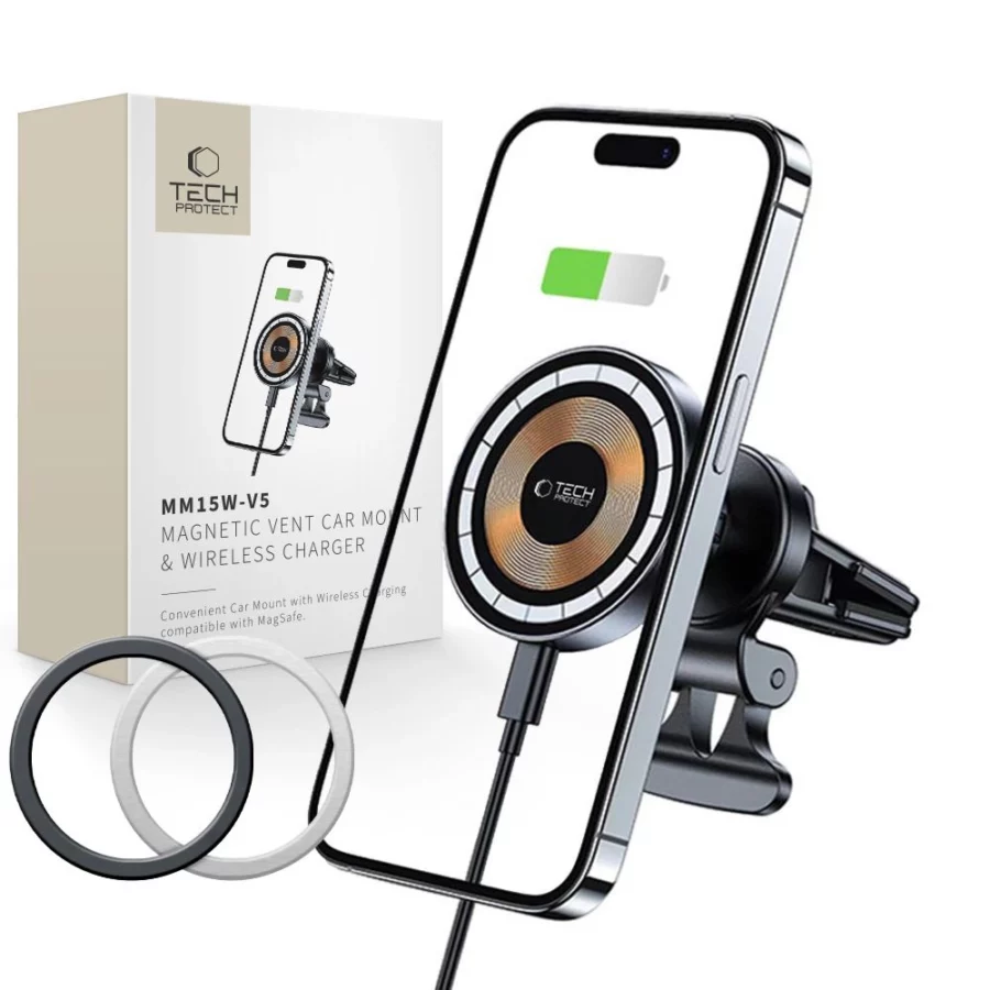 Uchwyt Tech-Protect MM15W-V5 samochodowy na telefon z ładowarką indukcyjną MagSafe 15W na kratkę nawiewu - czarny