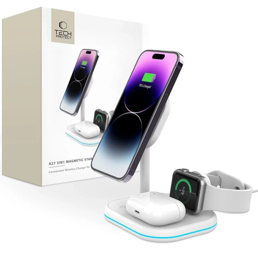 Ładowarka Tech-Protect QI15W-A27 indukcyjna 3w1 ze stojakiem z MagSafe na smartfon / Apple Watch / AirPods - biała