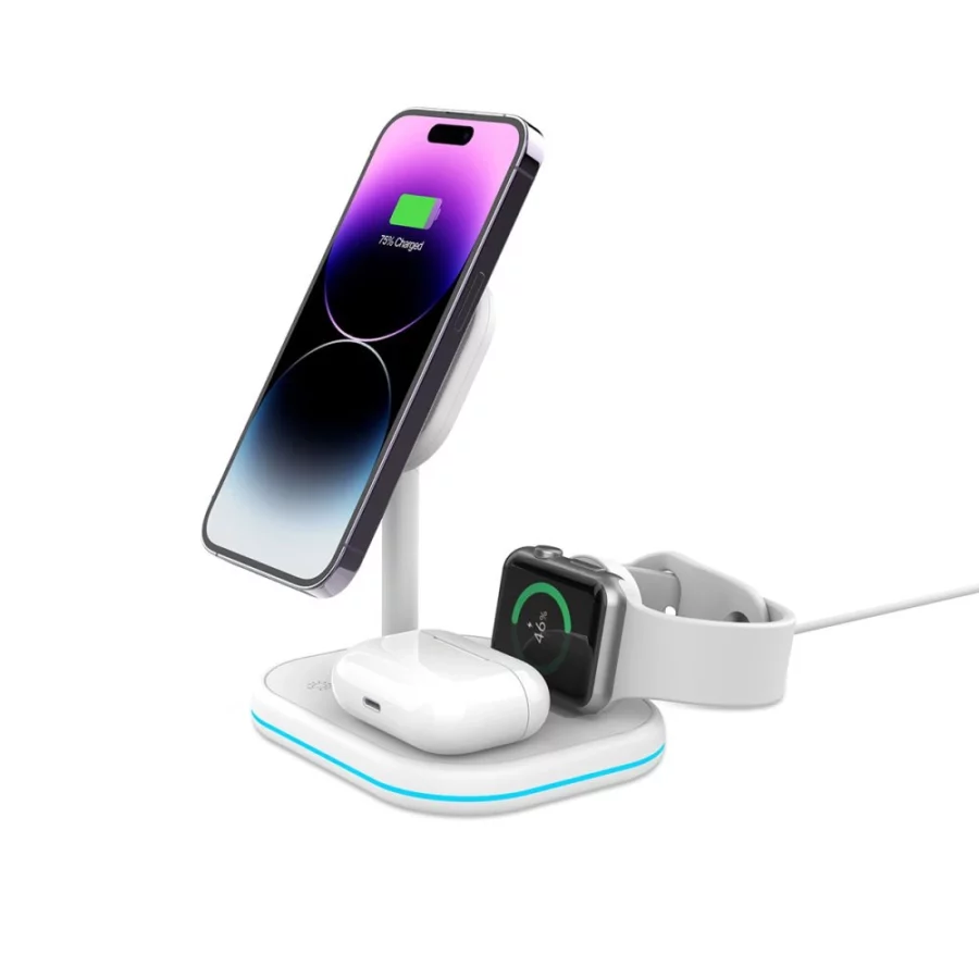 Ładowarka Tech-Protect QI15W-A27 indukcyjna 3w1 ze stojakiem z MagSafe na smartfon / Apple Watch / AirPods - biała