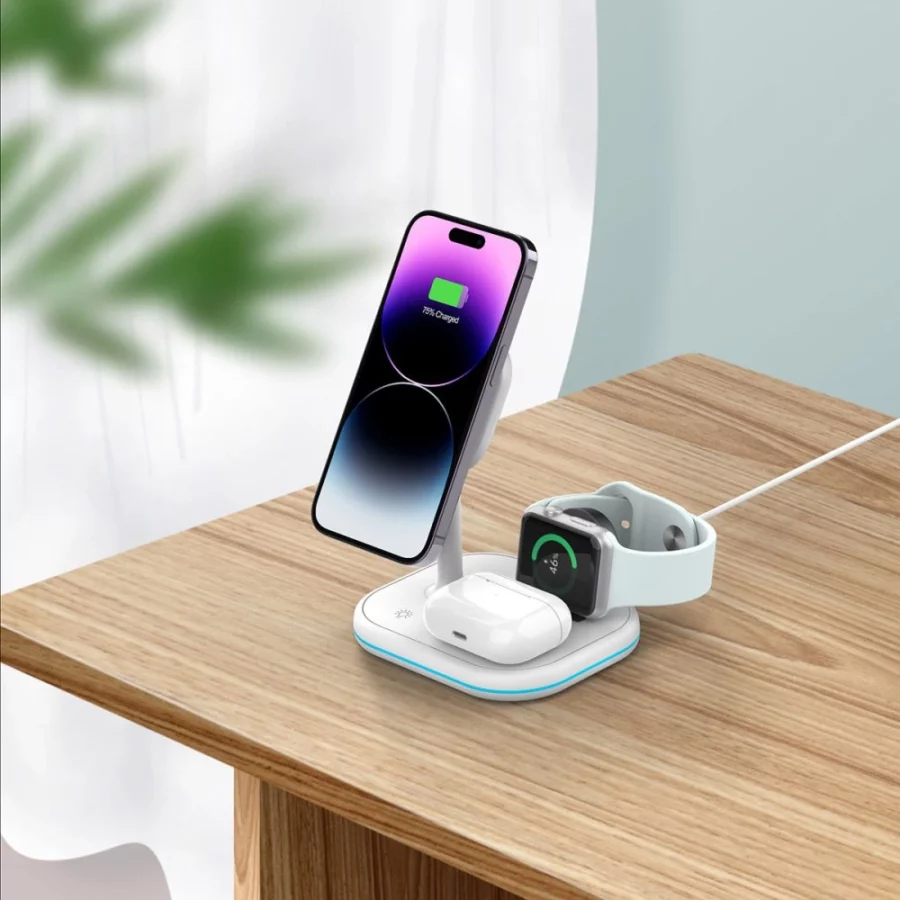 Ładowarka Tech-Protect QI15W-A27 indukcyjna 3w1 ze stojakiem z MagSafe na smartfon / Apple Watch / AirPods - biała