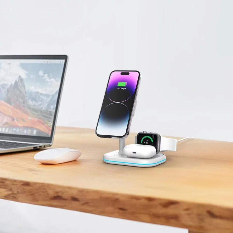Ładowarka Tech-Protect QI15W-A27 indukcyjna 3w1 ze stojakiem z MagSafe na smartfon / Apple Watch / AirPods - biała