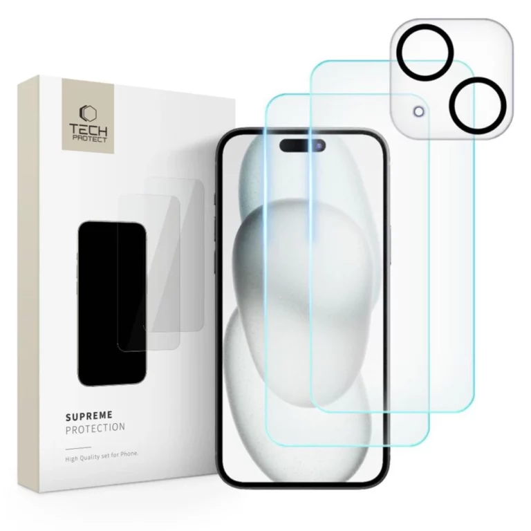Zestaw Tech-Protect Supreme Set na iPhone 15 2x szkło hartowane na wyświetlacz / szkło hartowane na aparat
