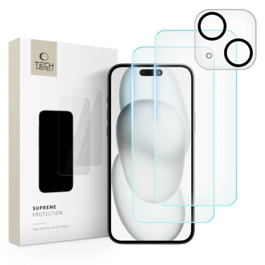 Zestaw Tech-Protect Supreme Set na iPhone 15 2x szkło hartowane na wyświetlacz / szkło hartowane na aparat