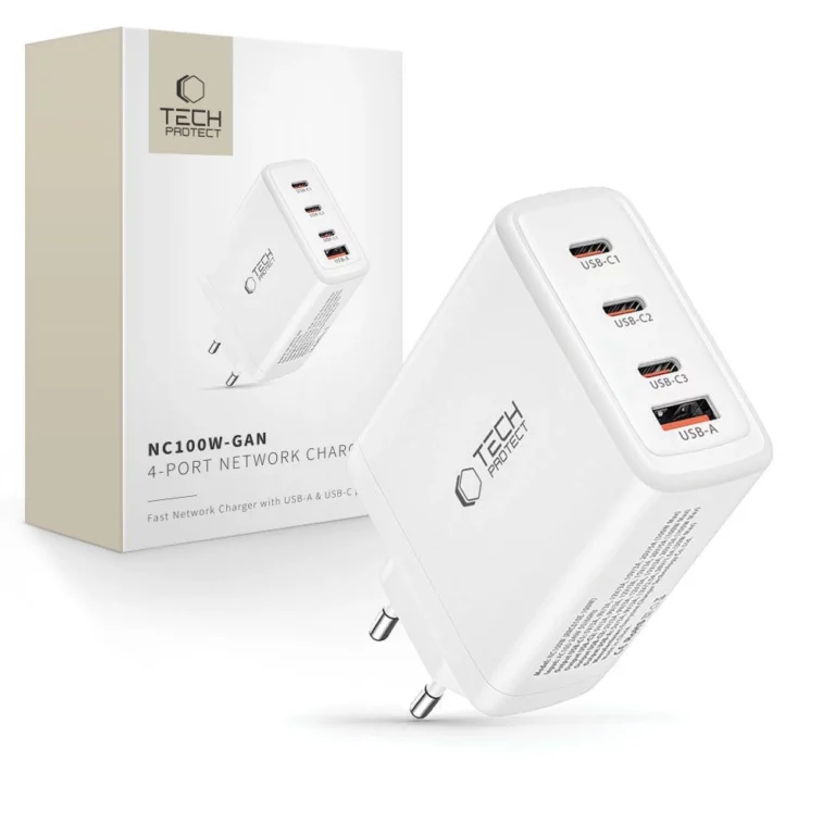 Ładowarka Tech-Protect NC100W-GAN sieciowa GaN 3x USB-C PD 100W / USB-A QC 3.0 - biała