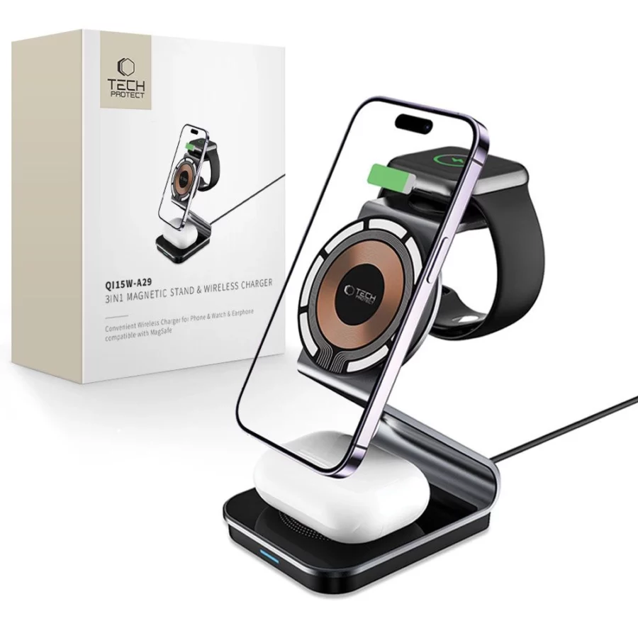 Ładowarka Tech-Protect QI15W-A29 indukcyjna 3w1 z MagSafe na smartfon / Apple Watch / AirPods - czarna