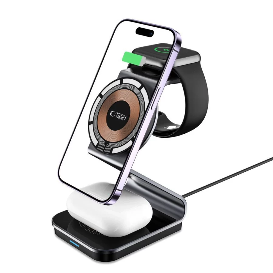 Ładowarka Tech-Protect QI15W-A29 indukcyjna 3w1 z MagSafe na smartfon / Apple Watch / AirPods - czarna