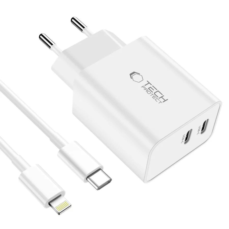 Ładowarka Tech-Protect C35W sieciowa 2x USB-C PD 35W z kablem USB-C / Lightning - biała