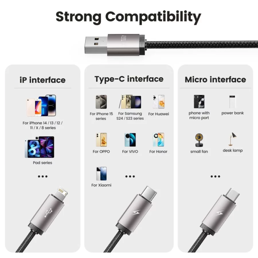 Kabel Tech-Protect UltraBoost 3w1 USB-A - Lightning / USB-C / micro USB 3.5A 1m - szary