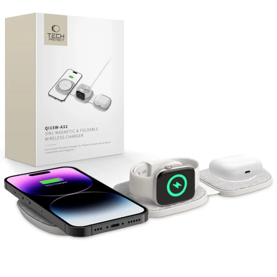 Ładowarka Tech-Protect QI15W-A32 indukcyjna 3w1 z MagSafe na smartfon / Apple Watch / AirPods - szara