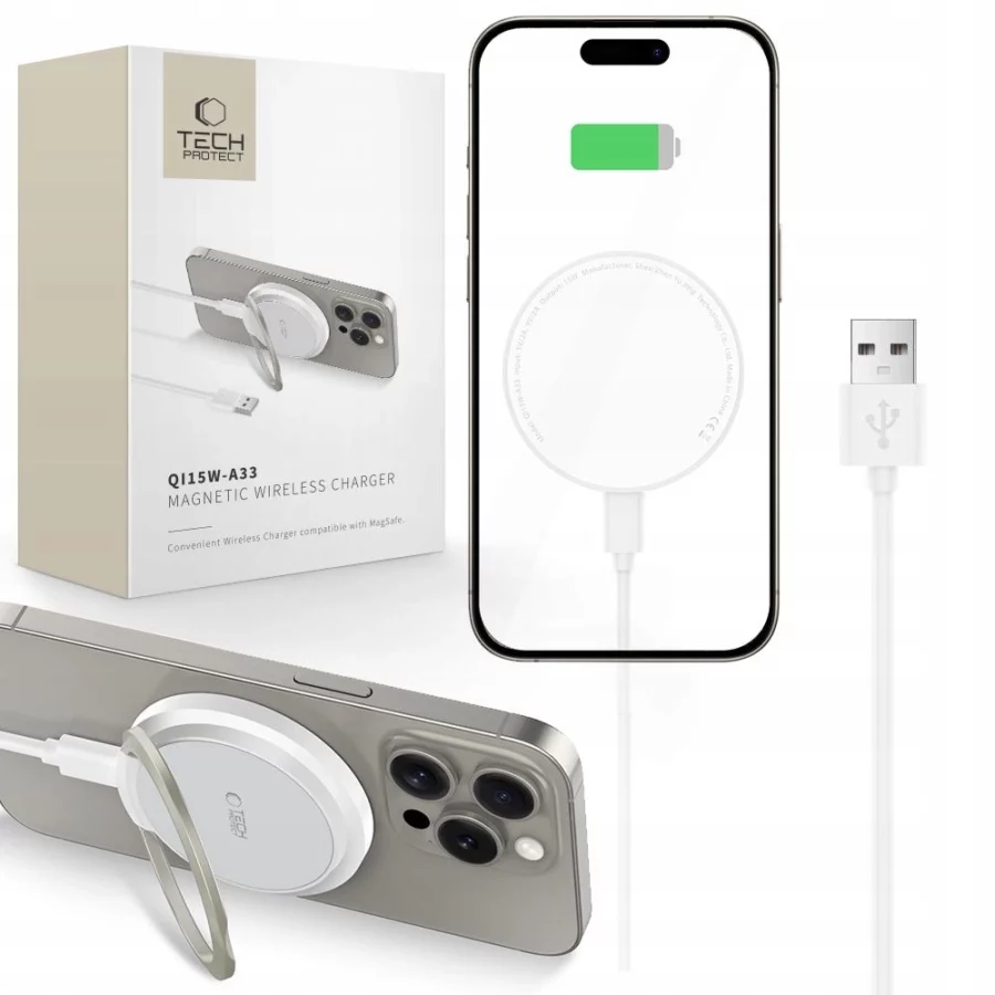 Ładowarka Tech-Protect QI15W-A33 indukcyjna z MagSafe i podstawką z kablem USB-A / USB-C - biała