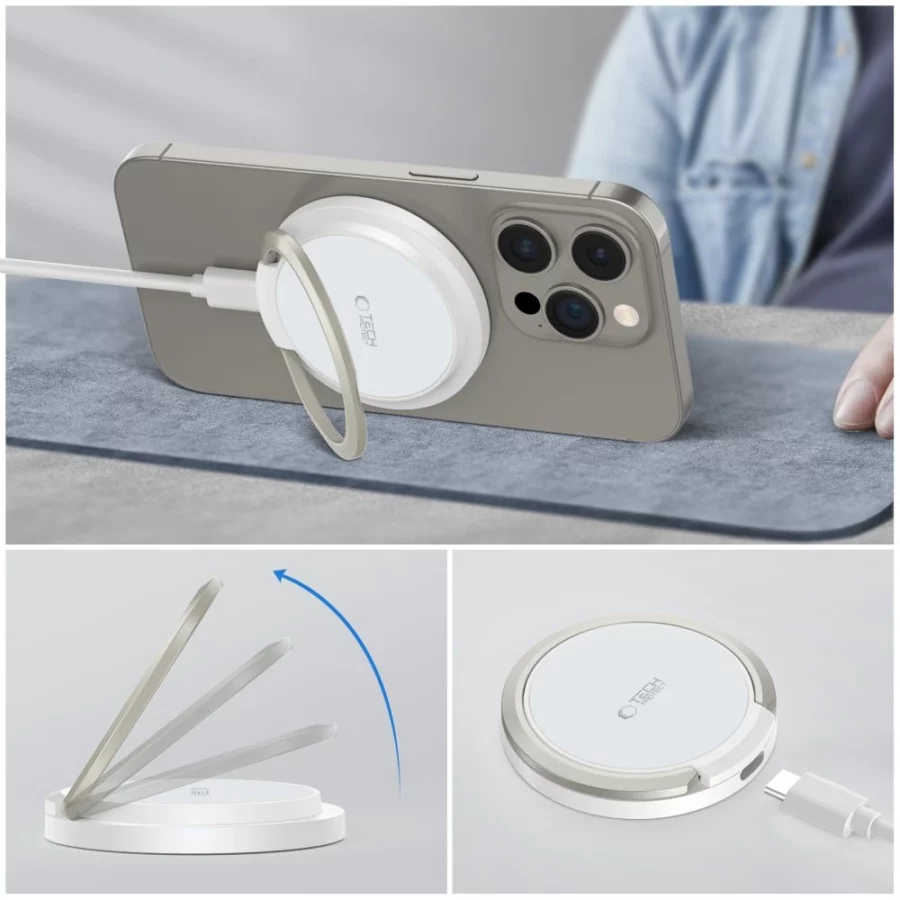Ładowarka Tech-Protect QI15W-A33 indukcyjna z MagSafe i podstawką z kablem USB-A / USB-C - biała