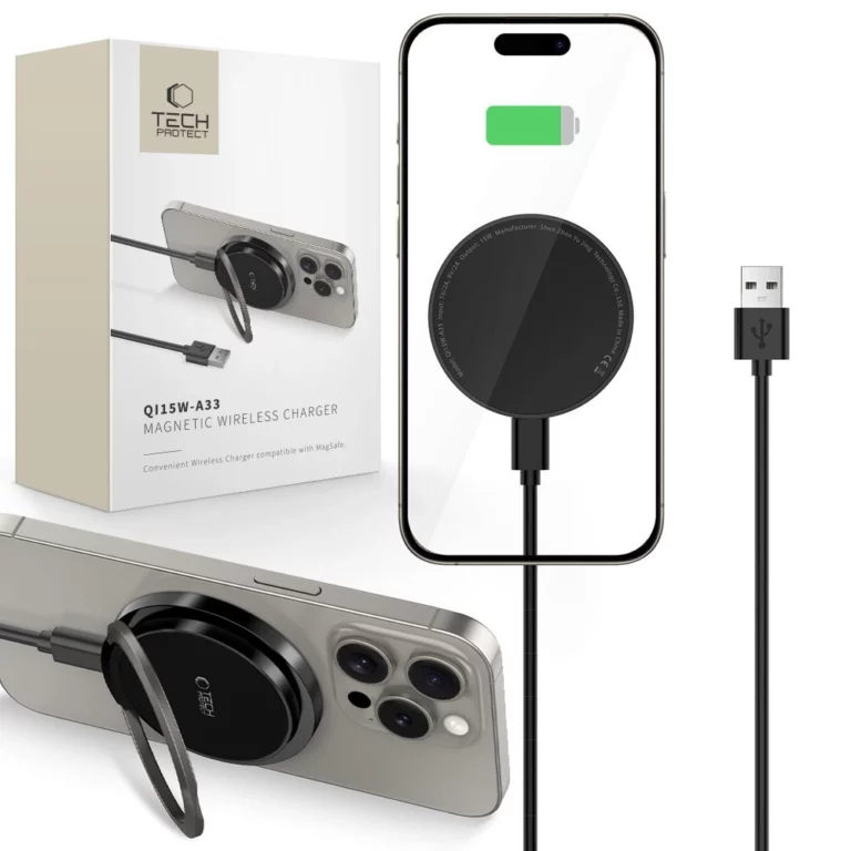 Ładowarka Tech-Protect QI15W-A33 indukcyjna z MagSafe i podstawką z kablem USB-A / USB-C - czarna