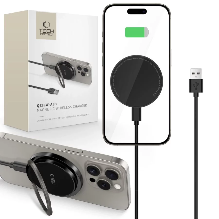 Ładowarka Tech-Protect QI15W-A33 indukcyjna z MagSafe i podstawką z kablem USB-A / USB-C - czarna