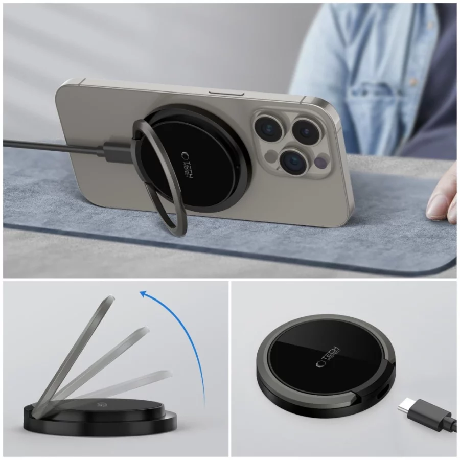 Ładowarka Tech-Protect QI15W-A33 indukcyjna z MagSafe i podstawką z kablem USB-A / USB-C - czarna