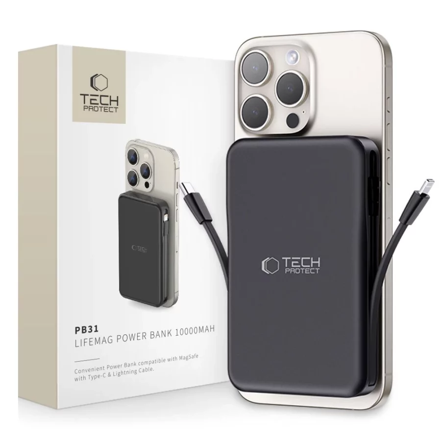 Powerbank Tech-Protect LifeMag PB31 z MagSafe 10000mAh 15W USB-C / USB-A / wbudowane kable USB-C / Lightning - czarny