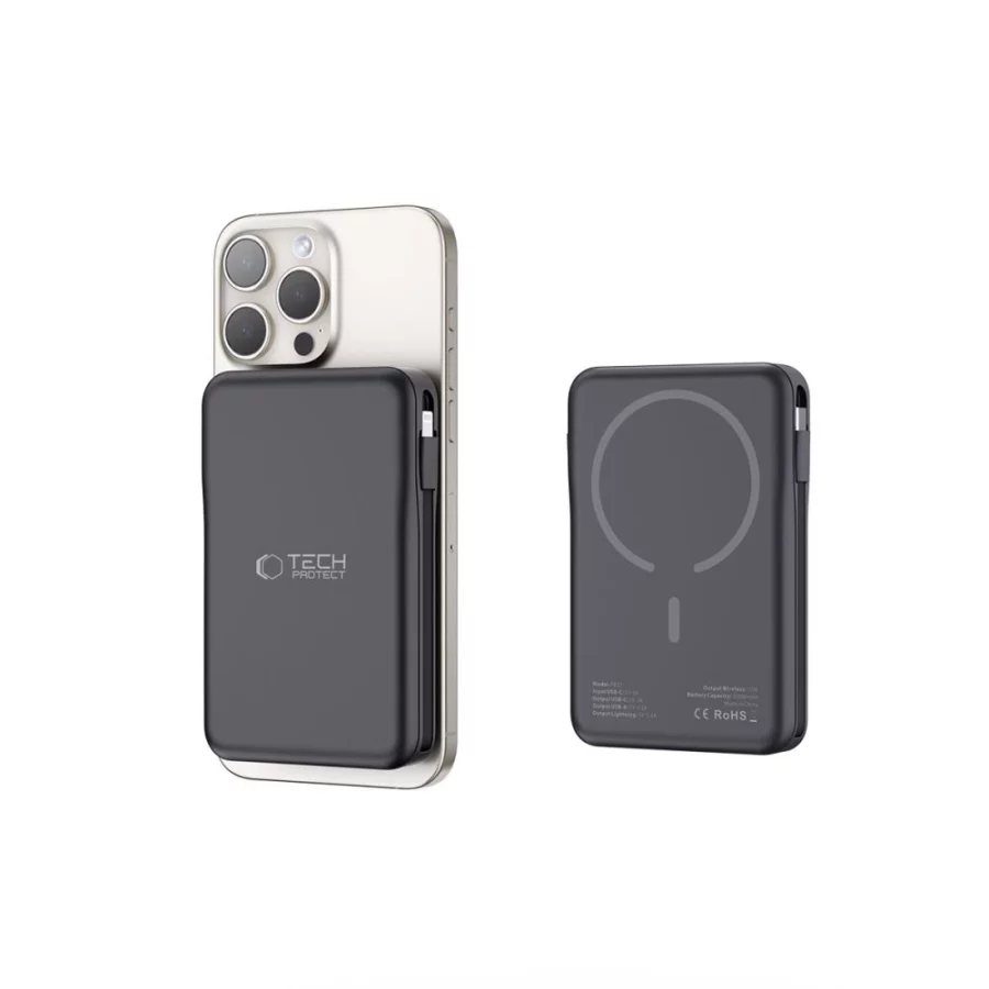 Powerbank Tech-Protect LifeMag PB31 z MagSafe 10000mAh 15W USB-C / USB-A / wbudowane kable USB-C / Lightning - czarny