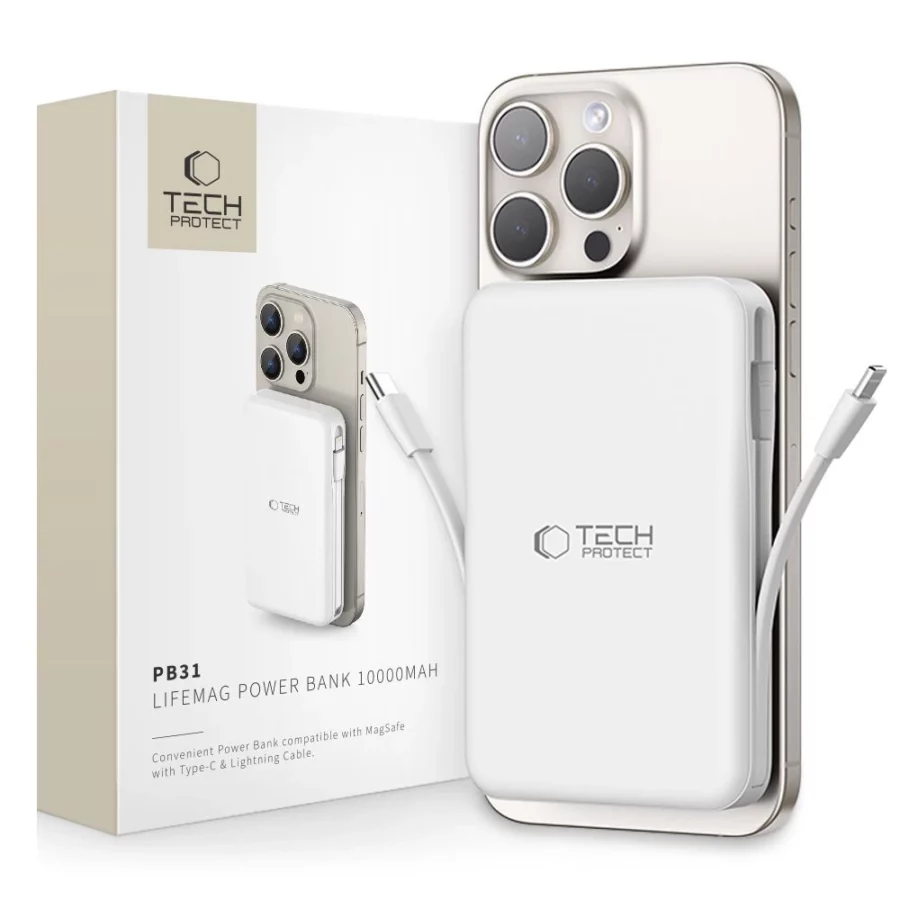 Powerbank Tech-Protect LifeMag PB31 z MagSafe 10000mAh 15W USB-C / USB-A / wbudowane kable USB-C / Lightning - biały