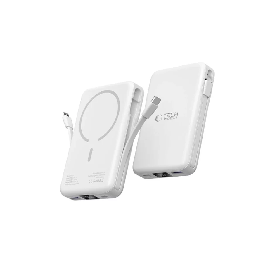 Powerbank Tech-Protect LifeMag PB31 z MagSafe 10000mAh 15W USB-C / USB-A / wbudowane kable USB-C / Lightning - biały