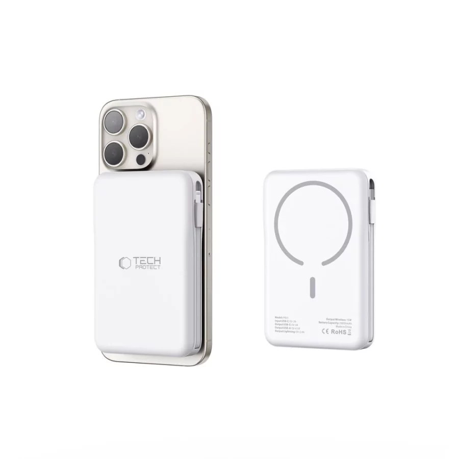 Powerbank Tech-Protect LifeMag PB31 z MagSafe 10000mAh 15W USB-C / USB-A / wbudowane kable USB-C / Lightning - biały