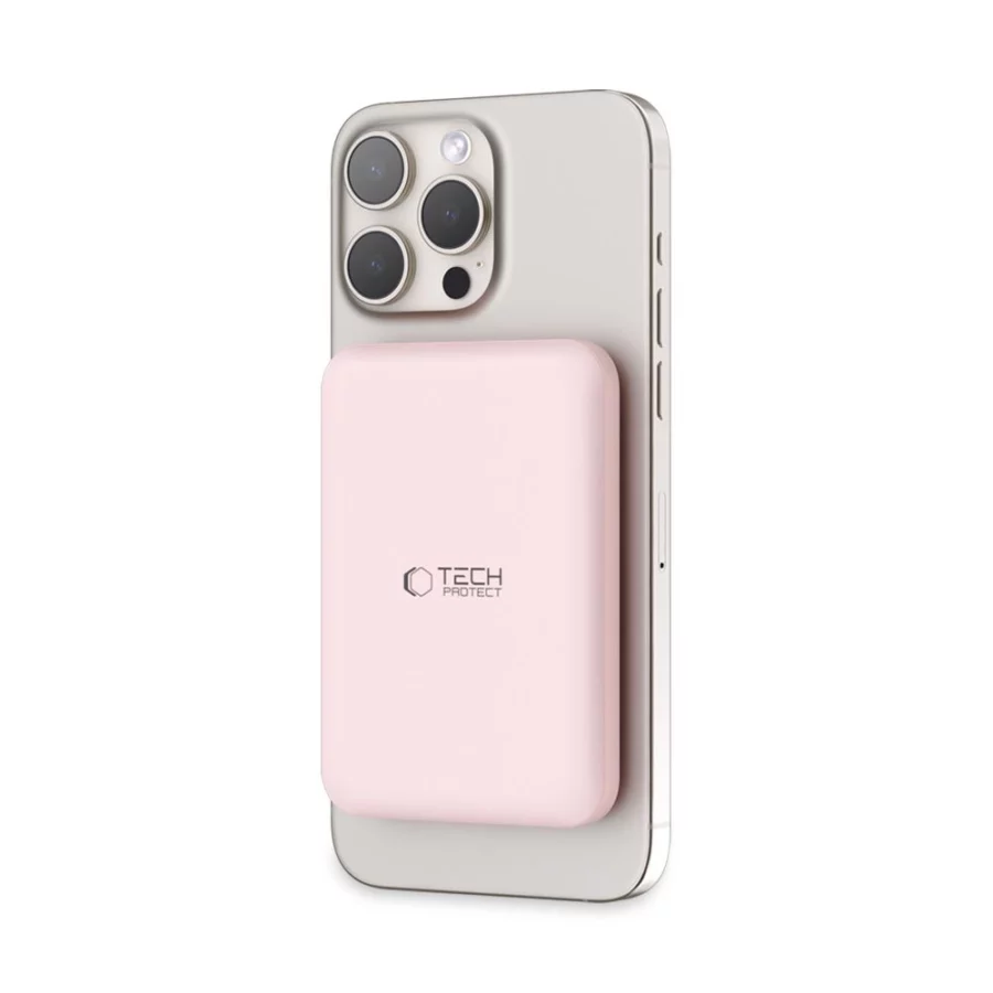 Powerbank Tech-Protect LifeMag PB10 z MagSafe 5000mAh 15W port USB-C - różowy + kabel USB-C