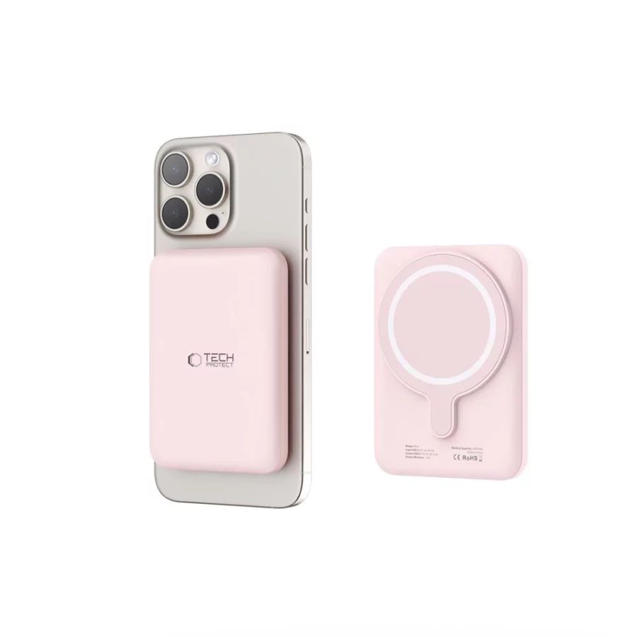 Powerbank Tech-Protect LifeMag PB10 z MagSafe 5000mAh 15W port USB-C - różowy + kabel USB-C