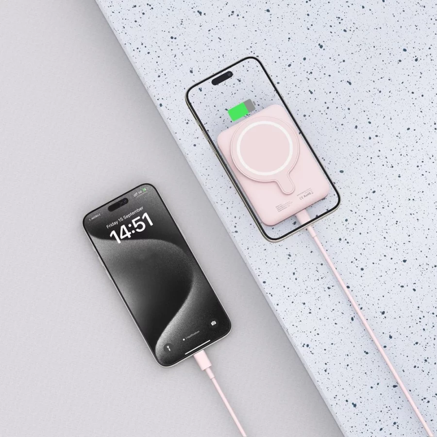 Powerbank Tech-Protect LifeMag PB10 z MagSafe 5000mAh 15W port USB-C - różowy + kabel USB-C