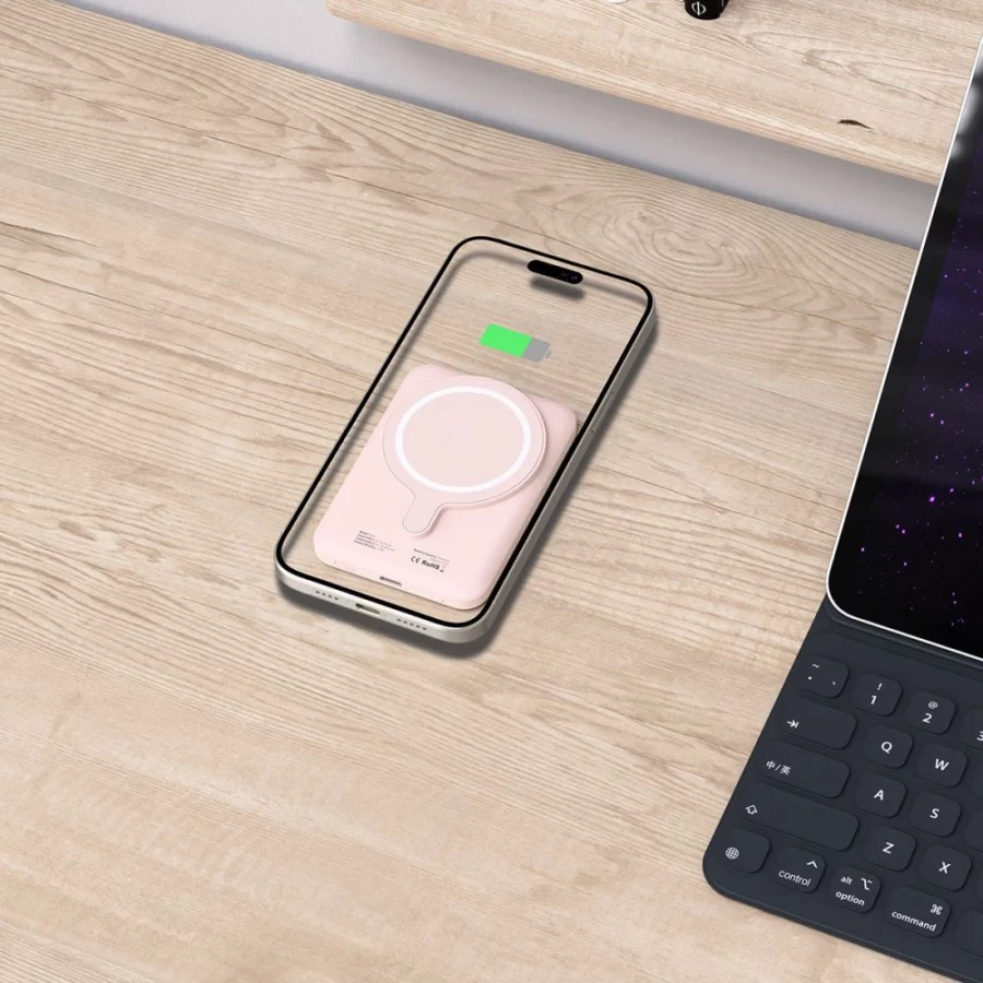 Powerbank Tech-Protect LifeMag PB10 z MagSafe 5000mAh 15W port USB-C - różowy + kabel USB-C