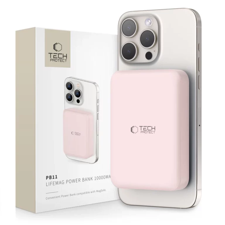 Powerbank Tech-Protect LifeMag PB11 z MagSafe 10000mAh 15W port USB-C - różowy + kabel USB-C