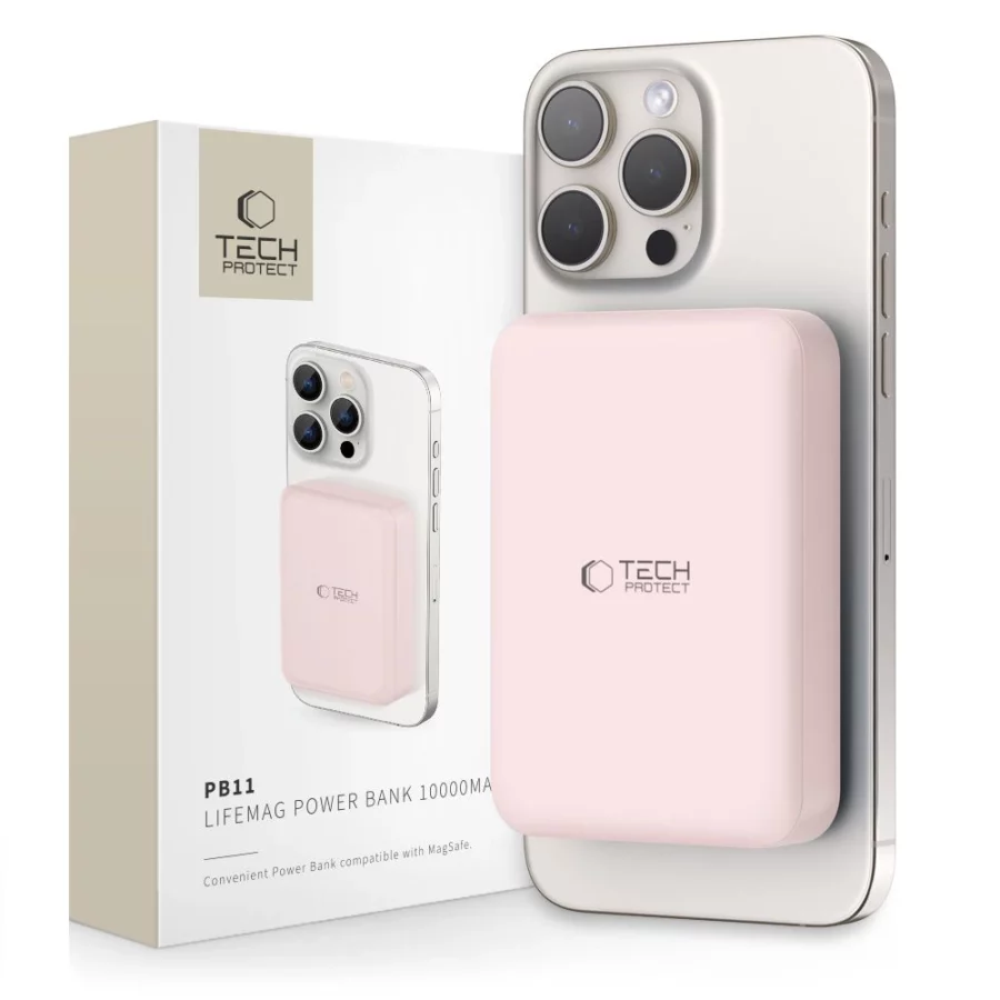 Powerbank Tech-Protect LifeMag PB11 z MagSafe 10000mAh 15W port USB-C - różowy + kabel USB-C