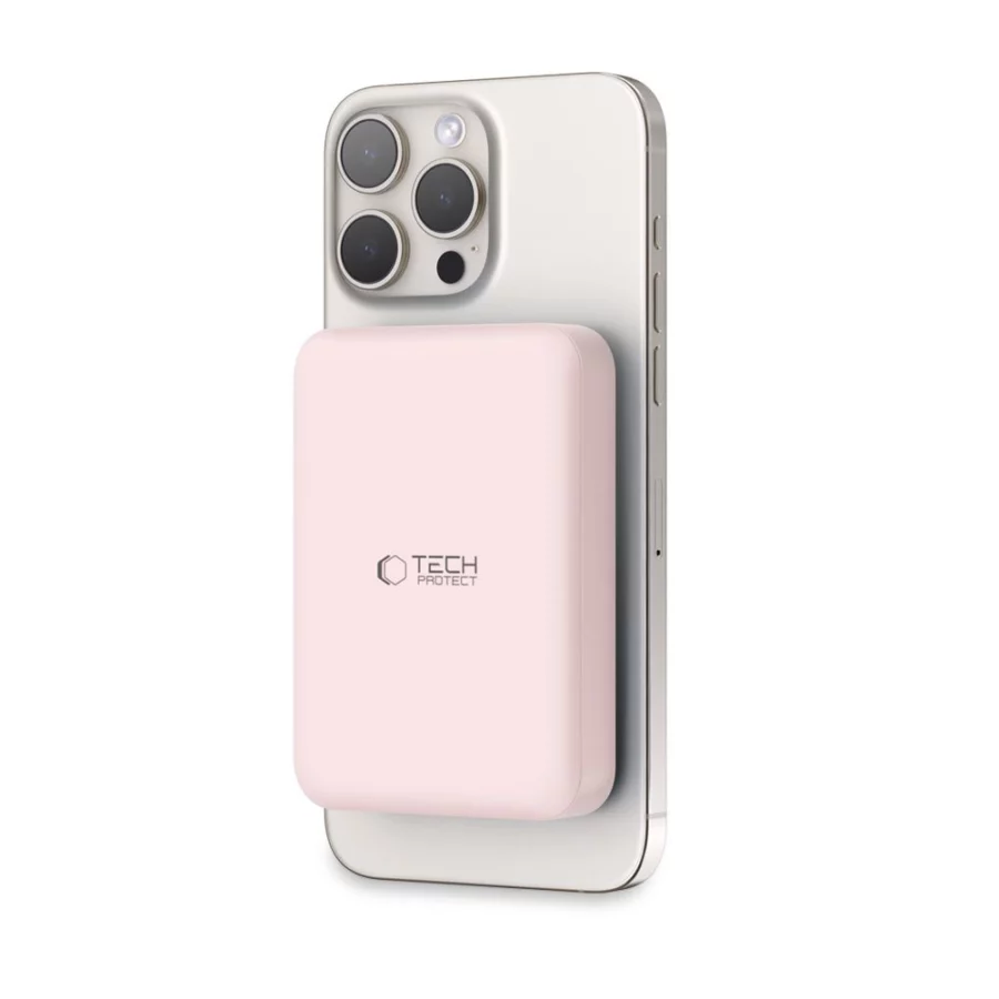 Powerbank Tech-Protect LifeMag PB11 z MagSafe 10000mAh 15W port USB-C - różowy + kabel USB-C