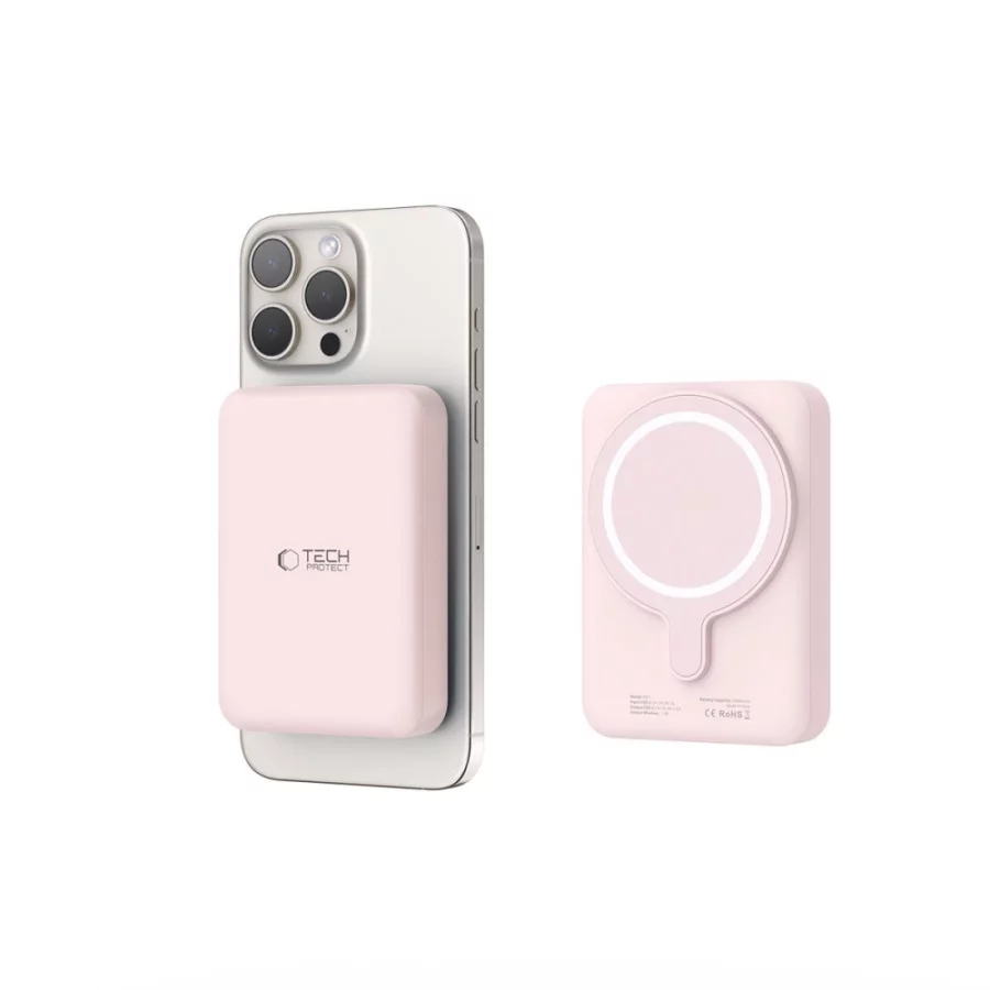 Powerbank Tech-Protect LifeMag PB11 z MagSafe 10000mAh 15W port USB-C - różowy + kabel USB-C
