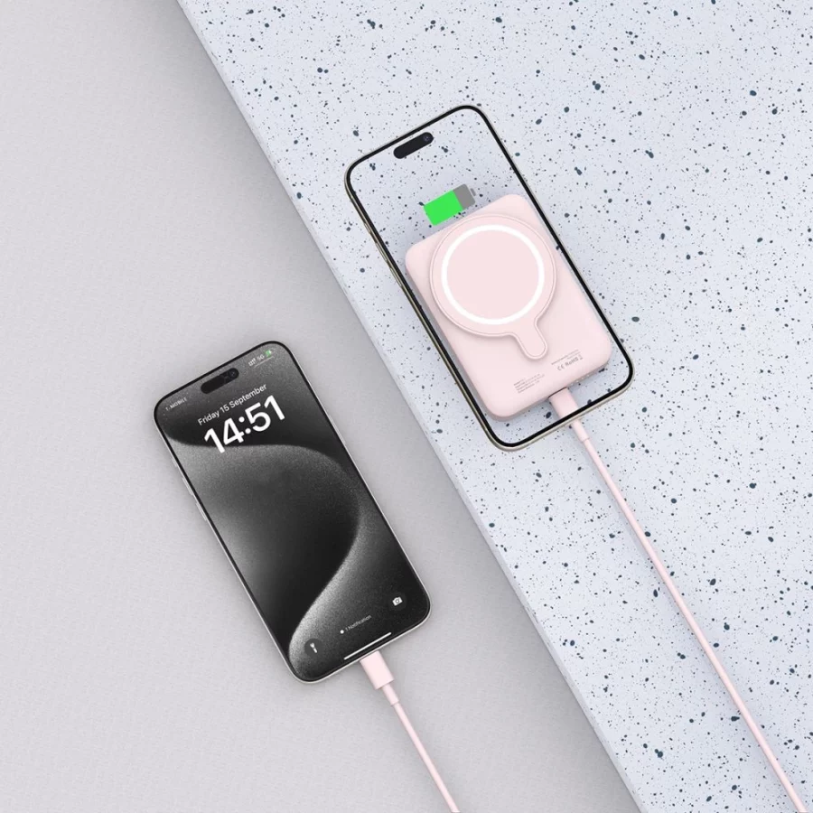 Powerbank Tech-Protect LifeMag PB11 z MagSafe 10000mAh 15W port USB-C - różowy + kabel USB-C