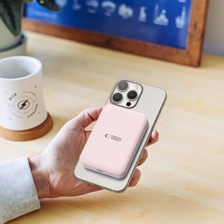 Powerbank Tech-Protect LifeMag PB11 z MagSafe 10000mAh 15W port USB-C - różowy + kabel USB-C