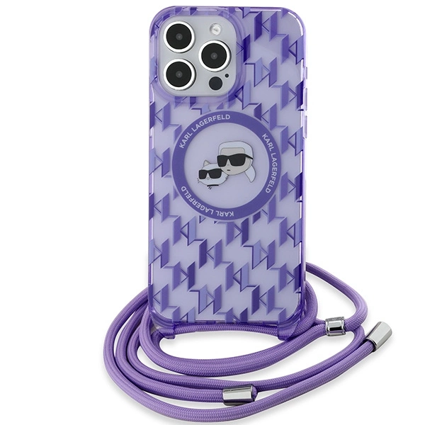 Etui Karl Lagerfeld IML Crossbody Monogram Karl & Choupette Head MagSafe na iPhone 15 Pro - fioletowe