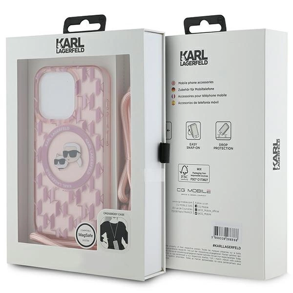 Etui Karl Lagerfeld IML Crossbody Monogram Karl & Choupette Head MagSafe na iPhone 15 Pro Max - różowe