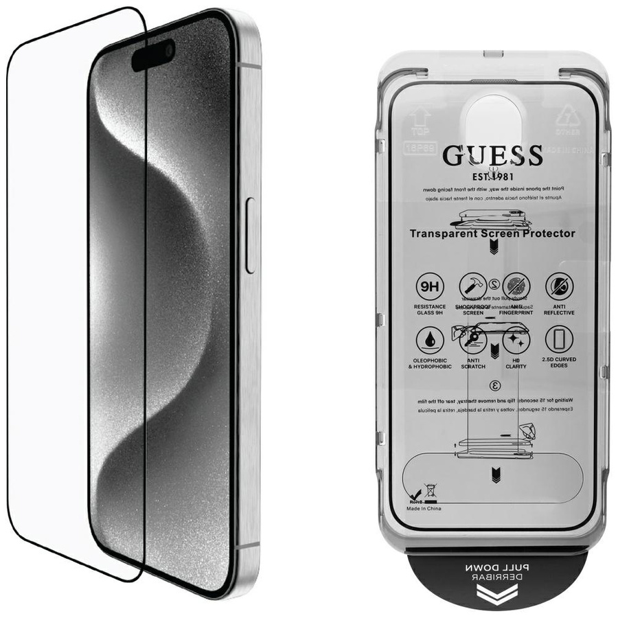 Zestaw 2w1 Guess BP Rhinestone szkło na  ekran i obiektyw aparatu do iPhone 16 Pro Max złoty