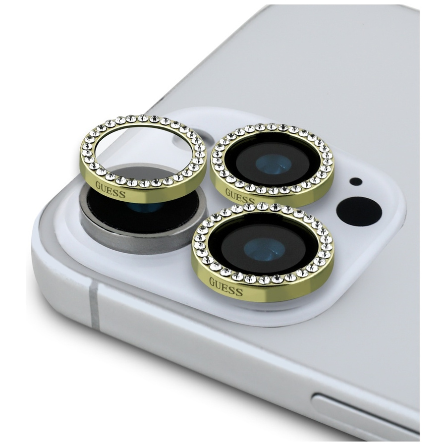 Zestaw 2w1 Guess BP Rhinestone szkło na  ekran i obiektyw aparatu do iPhone 16 Pro Max złoty
