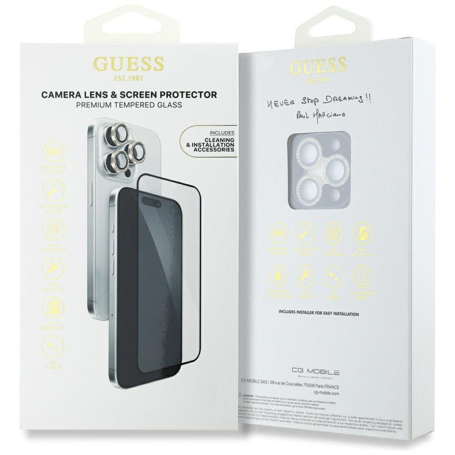 Zestaw 2w1 Guess BP Rhinestone szkło na  ekran i obiektyw aparatu do iPhone 16 Pro Max złoty