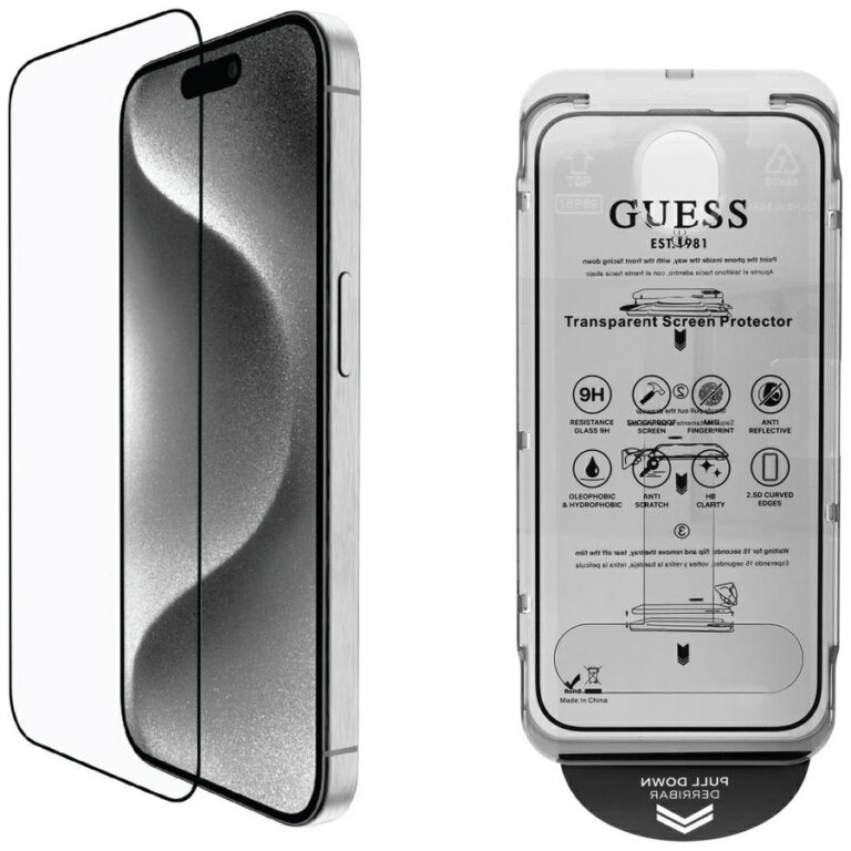 Zestaw 2w1 Guess BP Rhinestone szkło na  ekran i obiektyw aparatu do iPhone 16 Pro Max srebrny