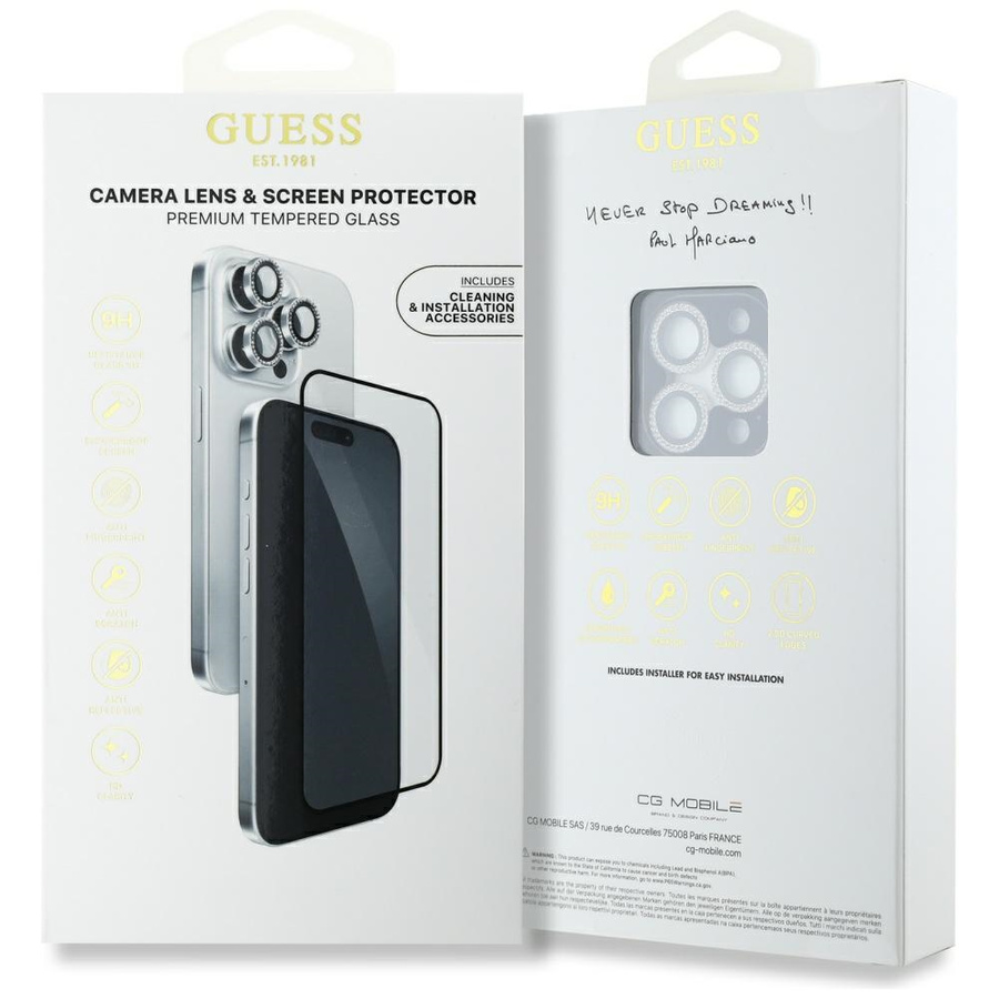 Zestaw 2w1 Guess BP Rhinestone szkło na  ekran i obiektyw aparatu do iPhone 16 Pro Max srebrny