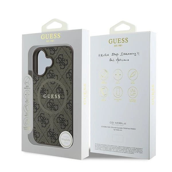 Etui Guess 4G Ring Classic Logo MagSafe na iPhone 16 Plus - brązowe