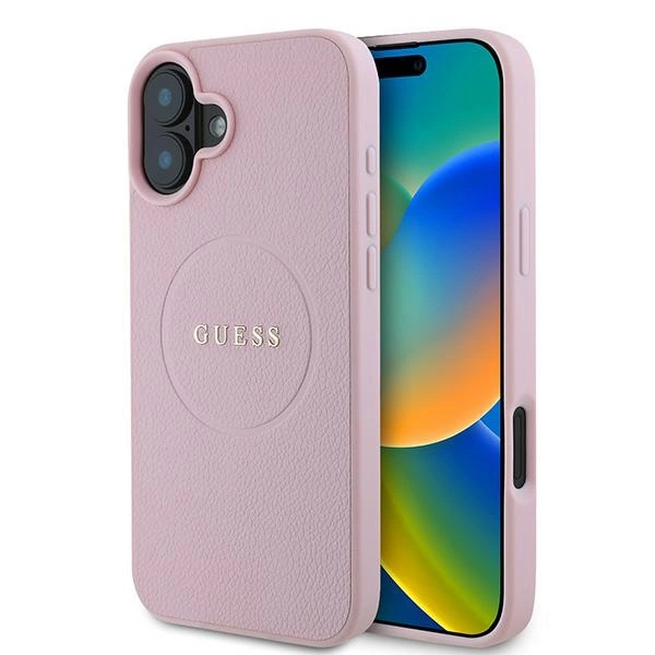 Etui Guess Grained Gold Ring MagSafe na iPhone 16 Plus - różowe