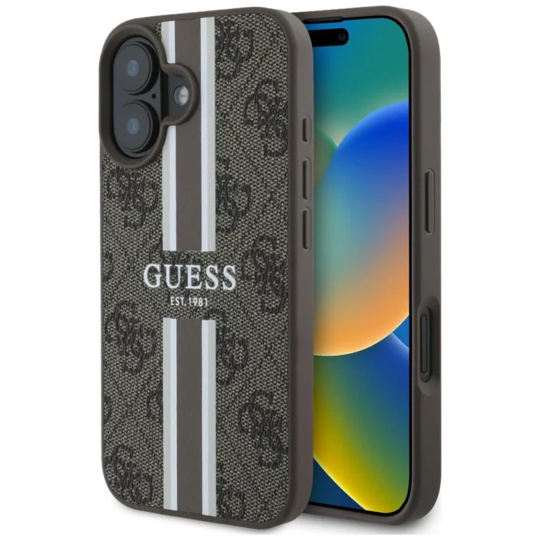 Etui Guess 4G Printed Stripes MagSafe na iPhone 16 - brązowe
