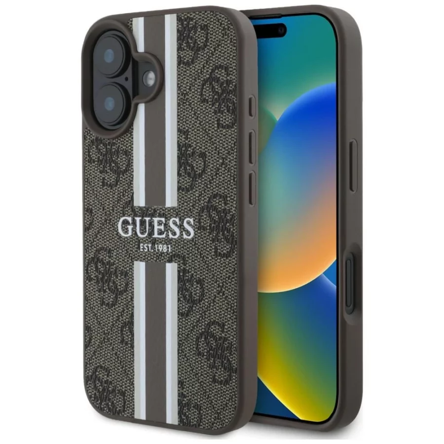 Etui Guess 4G Printed Stripes MagSafe na iPhone 16 - brązowe
