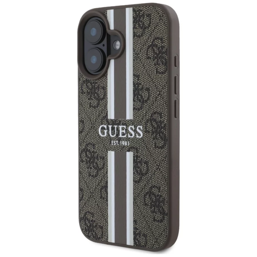 Etui Guess 4G Printed Stripes MagSafe na iPhone 16 - brązowe