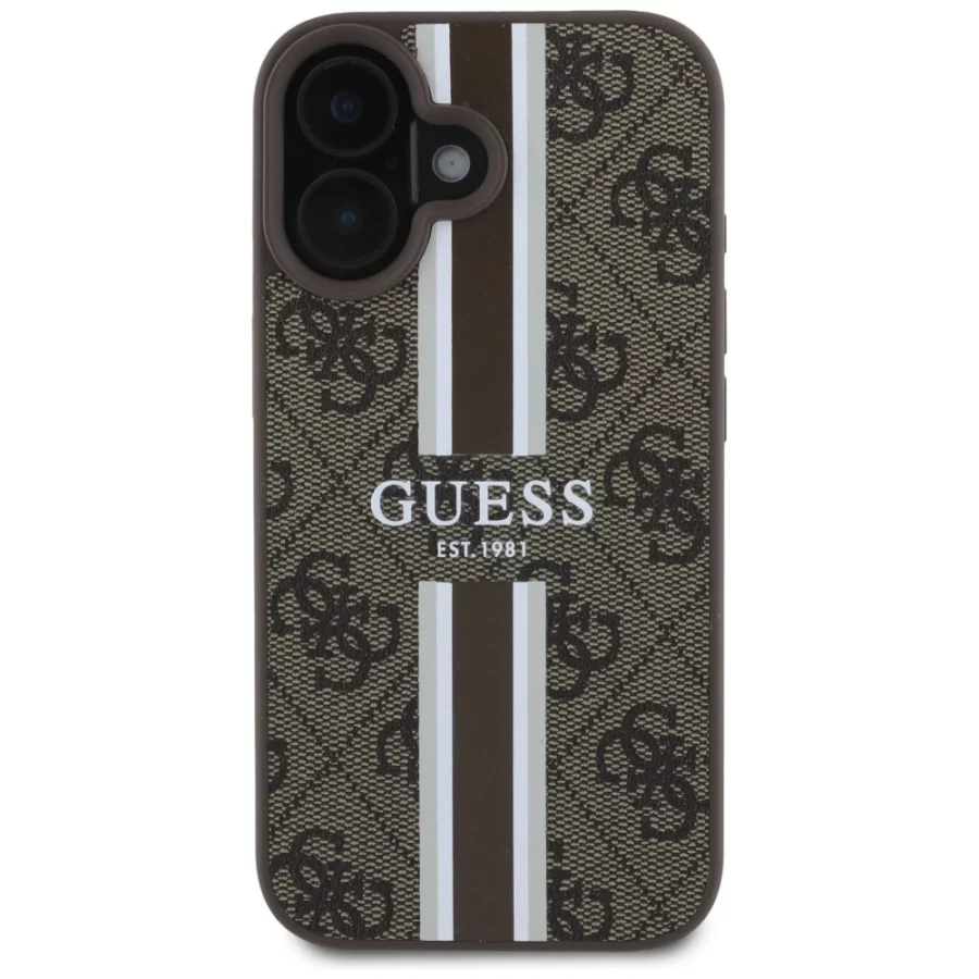Etui Guess 4G Printed Stripes MagSafe na iPhone 16 - brązowe